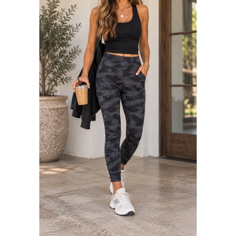 Athleta Salutation Camo Jogger Womens Medium Black Grey High Rise Yoga Pants